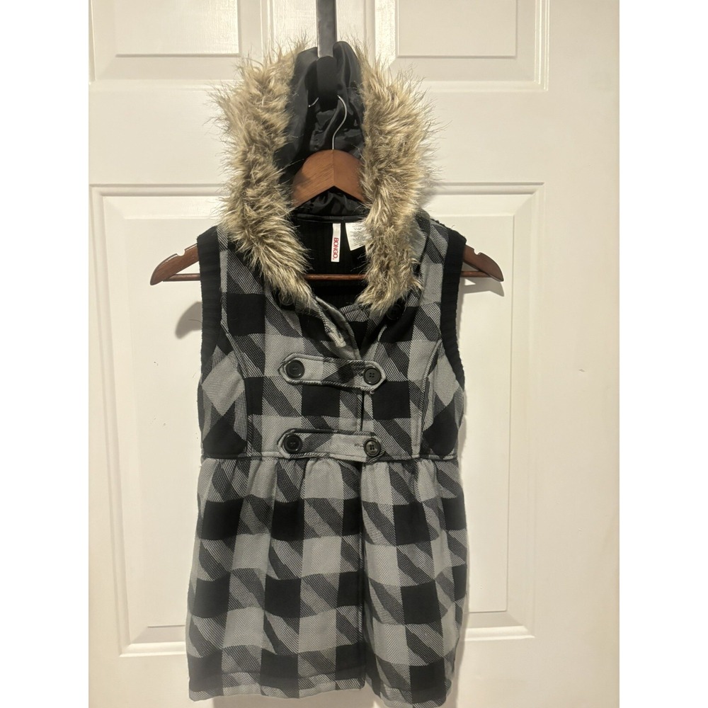 Bongo Vest Buffalo Plaid Quilted Puffer Hooded Faux Fur Medium‎ Gray Black Girls